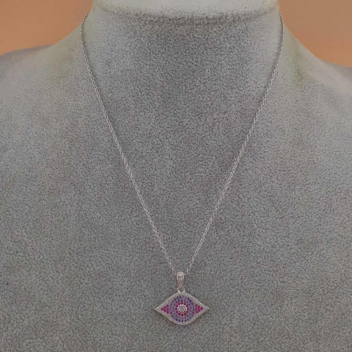 Sterling Silver Evil Eye Necklace: Purple & White CZ Charm
