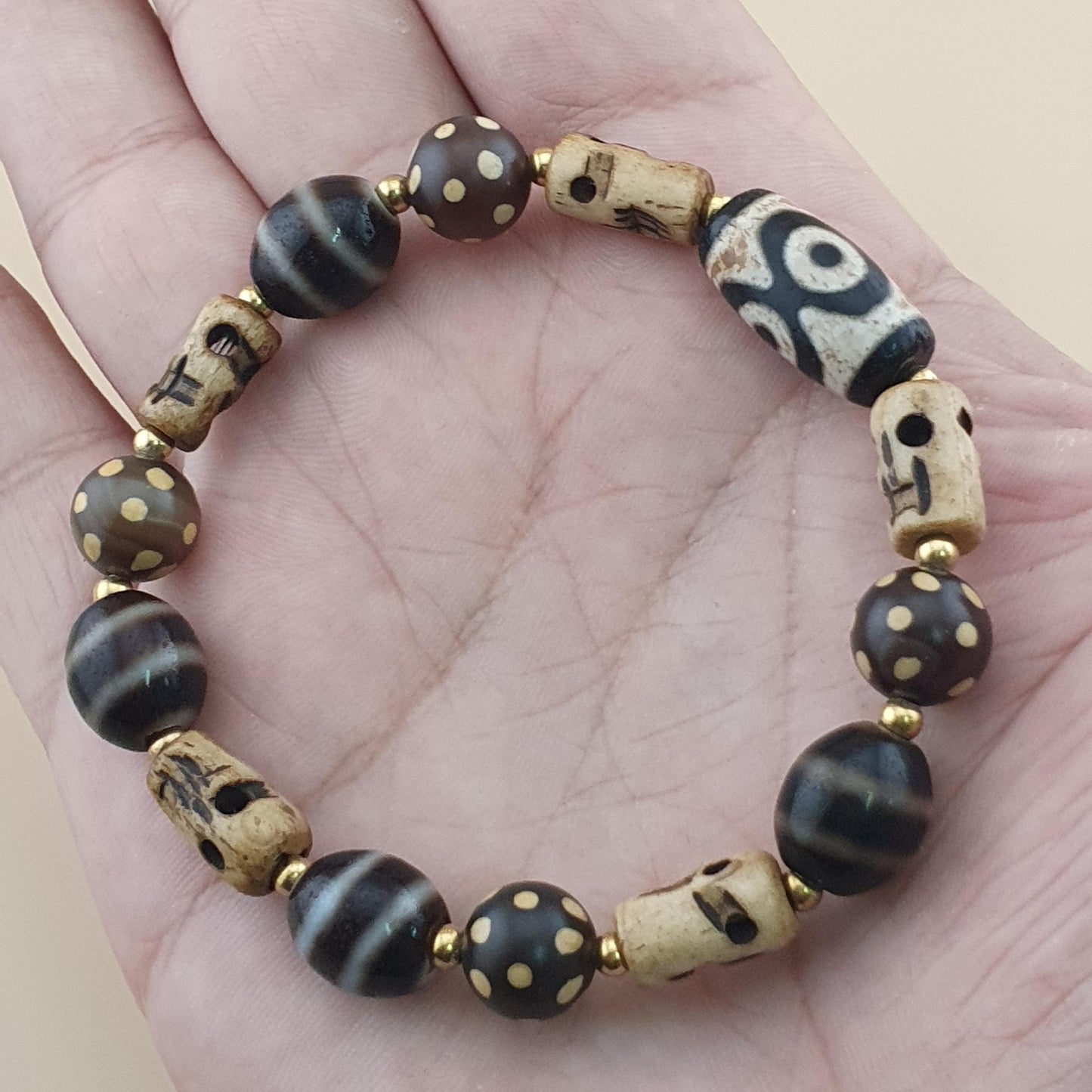 Vintage Himalayan Dzi Bracelet Two Eyes Agate & Striped Agate Beads