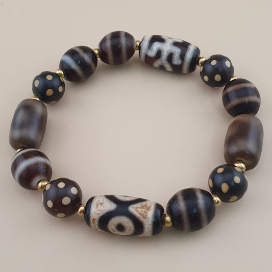 Vintage Himalayan Tibetan Dzi Achat Perlen 2-Augen Armband mit gepunktetem Quarz