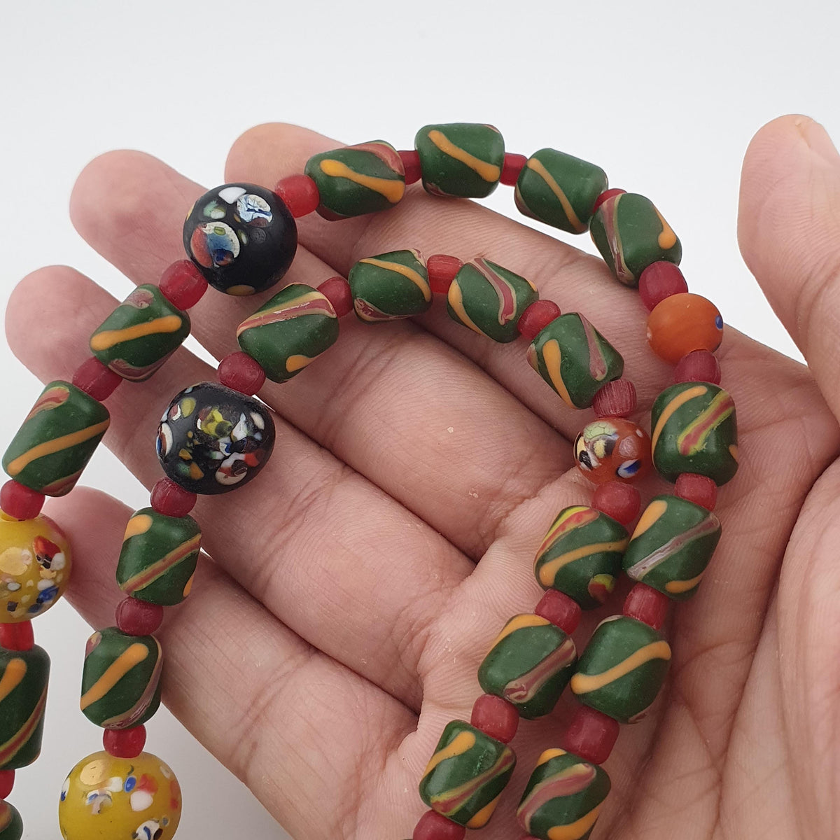 Antique Venetian Style Stripe & Aventurine Glass Beads Necklace