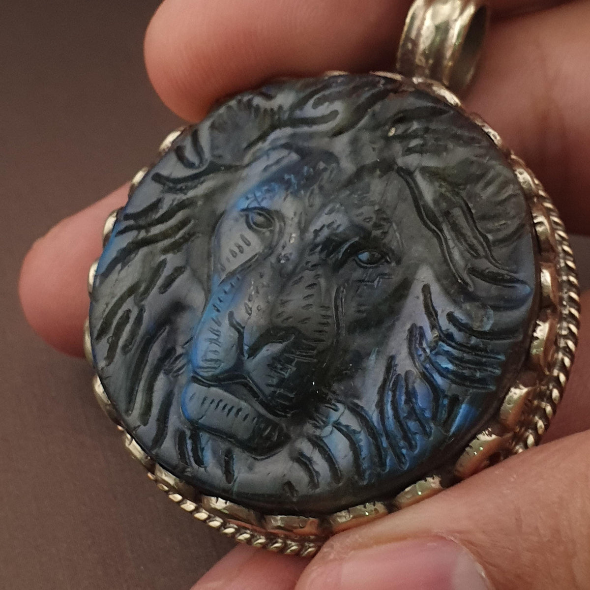 Handmade Vintage Labradorite Lion Face Brass Floral Design Pendant