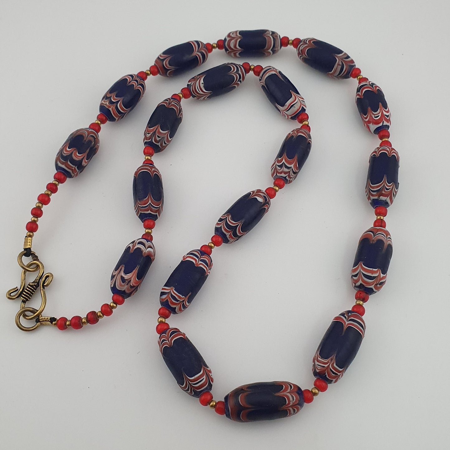 Antique Venetian Style Blue Feather Desgin & Venetian WhiteHeart Glass Beads Necklace