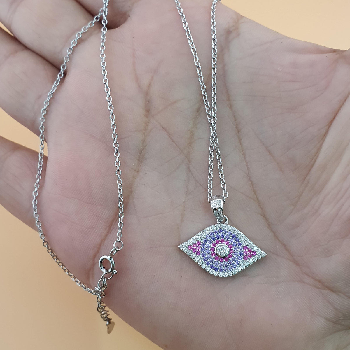 Sterling Silver Evil Eye Necklace: Purple & White CZ Charm