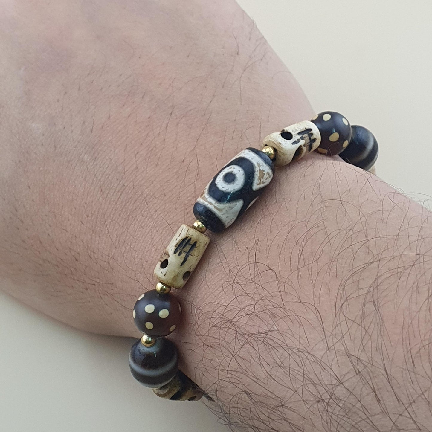 Vintage Himalayan Dzi Bracelet Two Eyes Agate & Striped Agate Beads