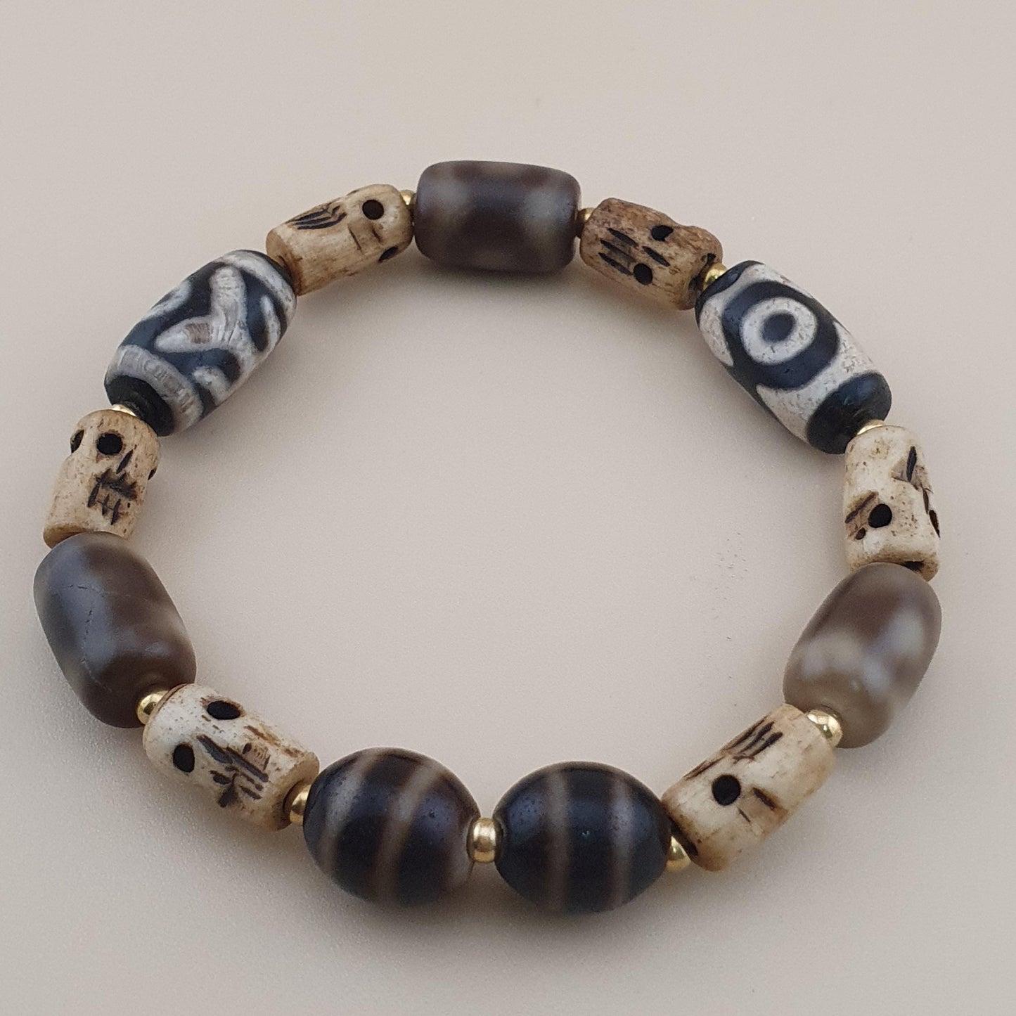 Vintage 2 Eyes Himalayan Tibetan Agate & Unique Pattern Agate Beads Bracelet