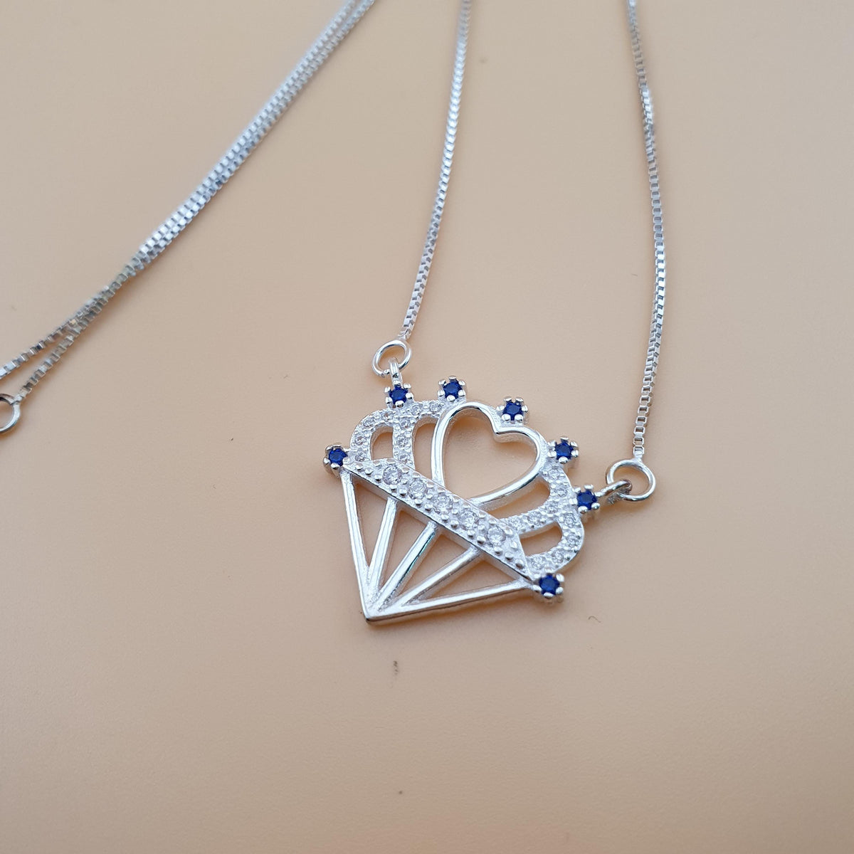 Sterling Silver Heart Crown Necklace with Blue & White CZ