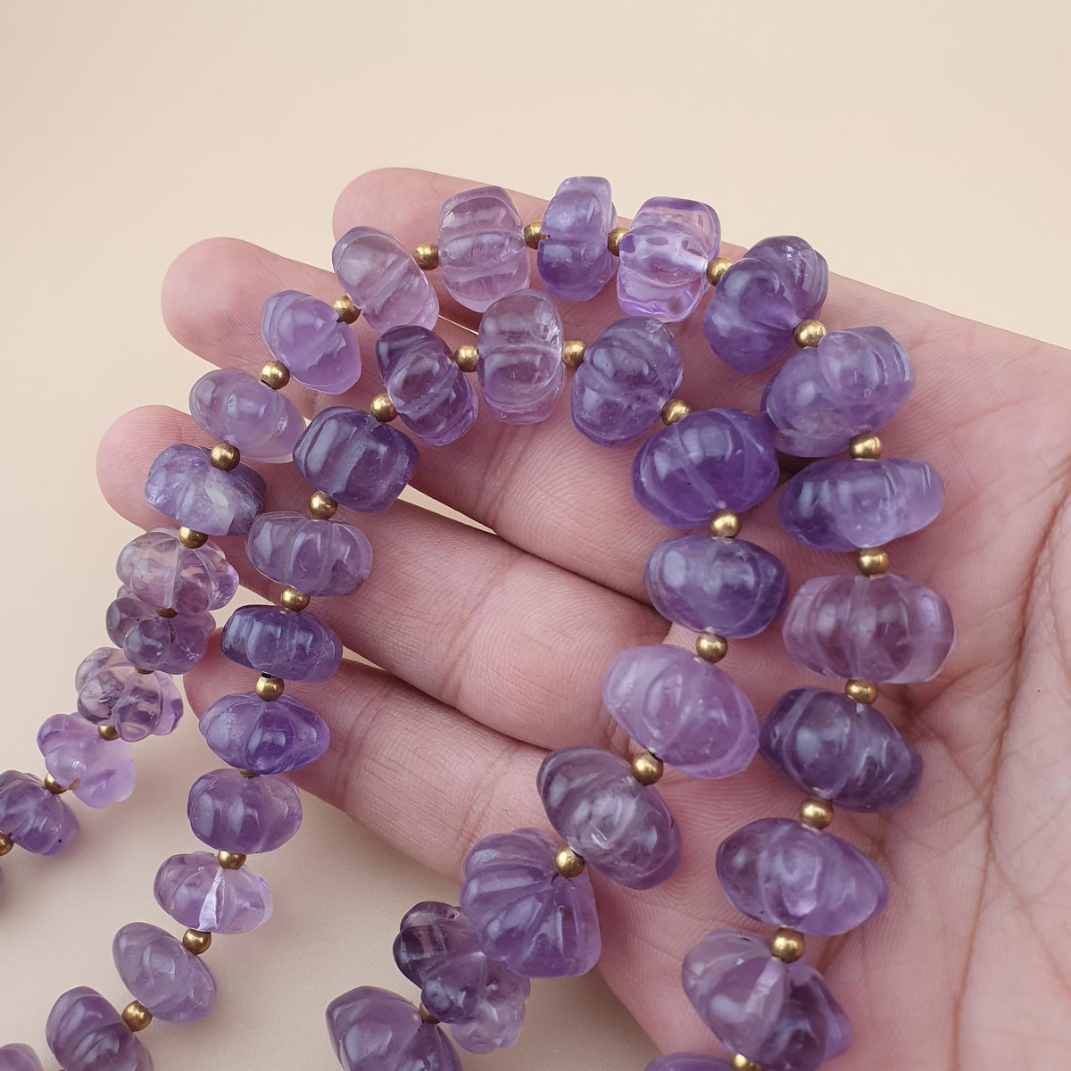 Vintage Amethyst Bead Necklace: Melon Shape Purple Gemstone, 22 Inch