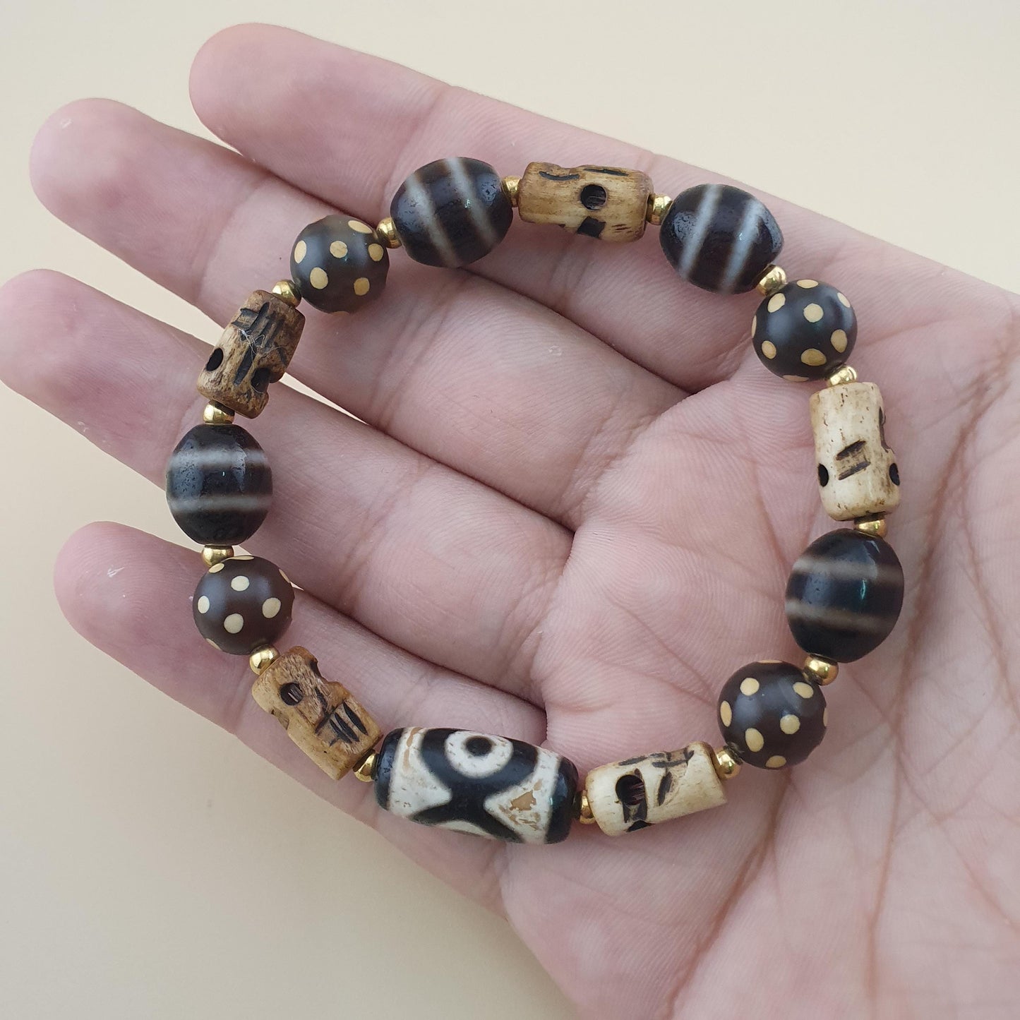 Vintage Himalayan Dzi Bracelet Two Eyes Agate & Striped Agate Beads