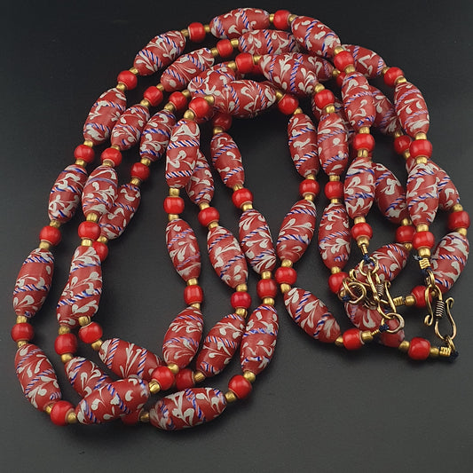 Antique Venetian Style Feather Desgin & Venetian Red WhiteHeart Glass Beads Necklace