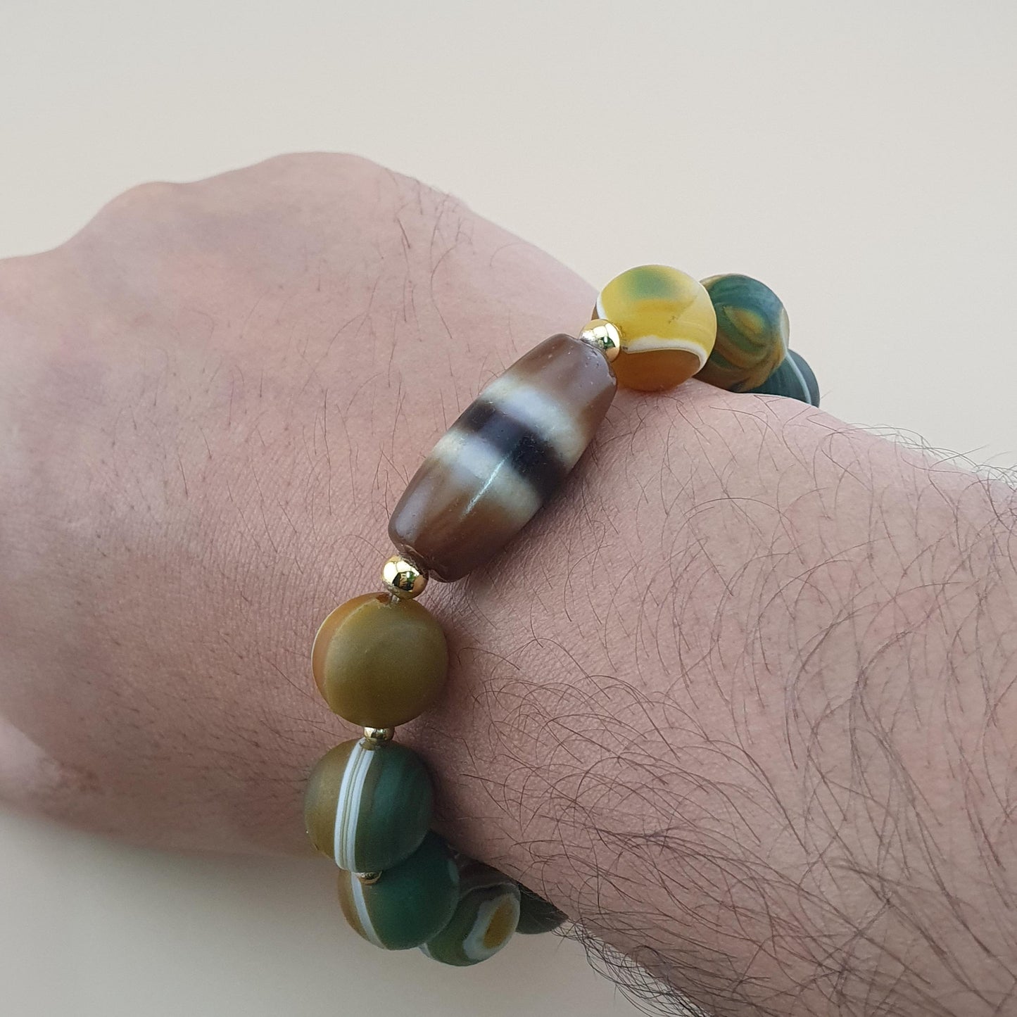Vintage 2 Stripe Himalayan Tibetan Agate Dzi Bead & Suliemani Bead Bracelet