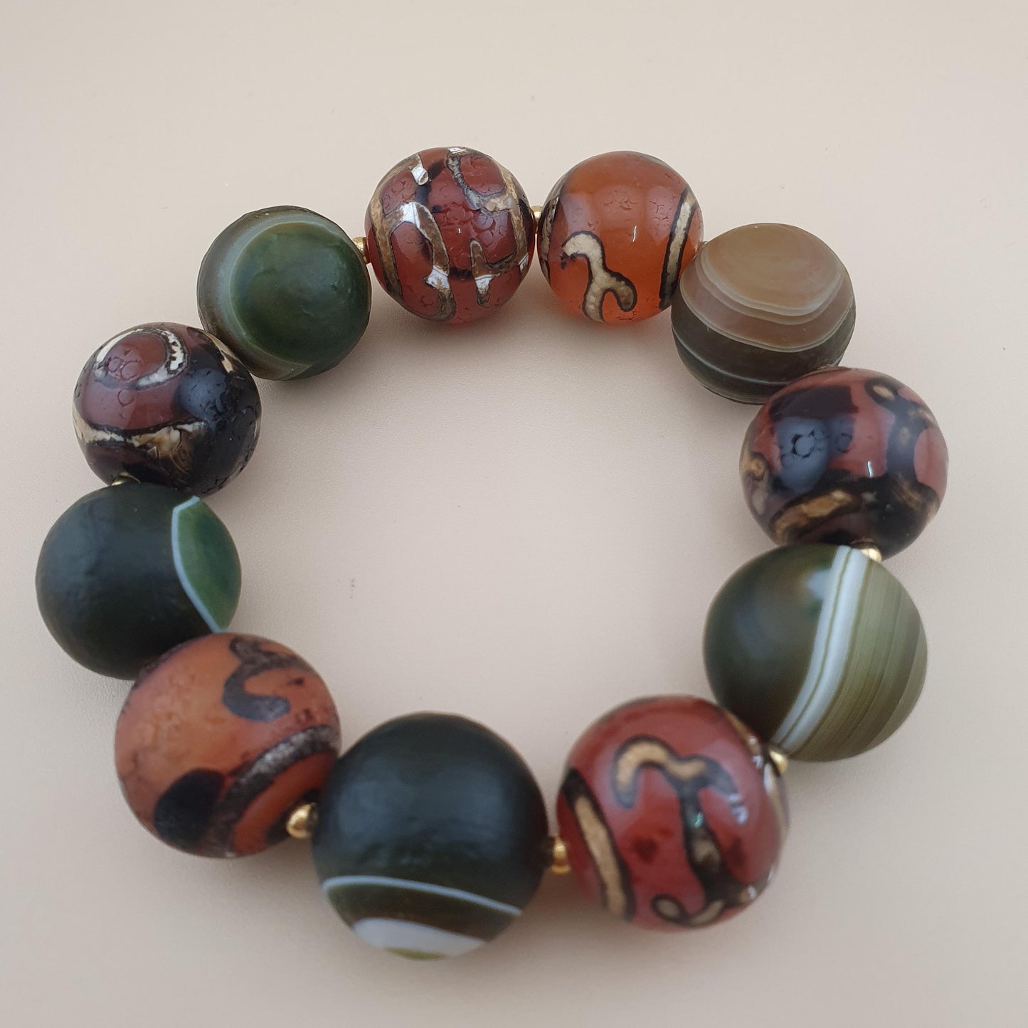 Vintage Etched Carnelian & Nutural Suliemani Agate Big Beads Bracelet