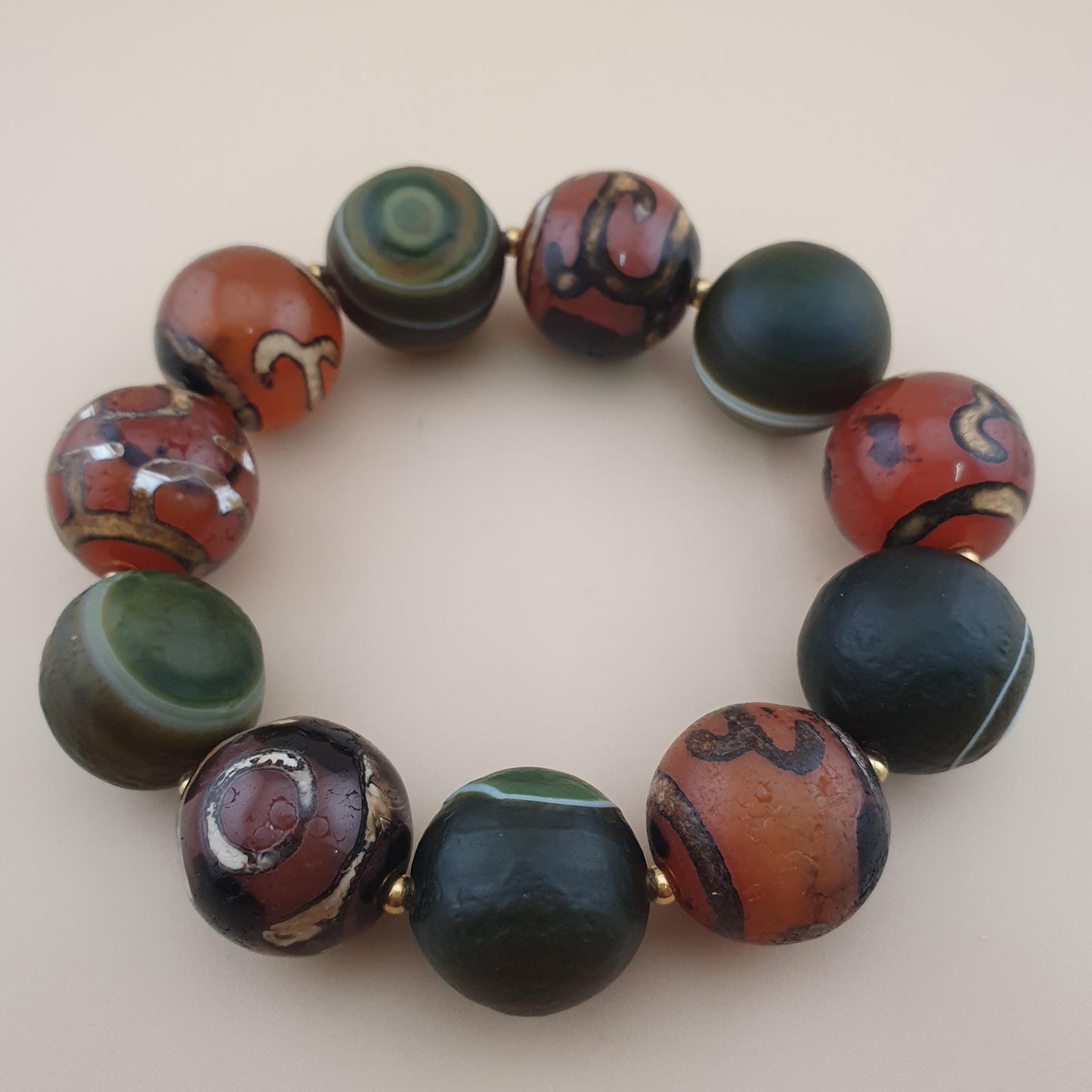 Vintage Etched Carnelian & Nutural Suliemani Agate Big Beads Bracelet