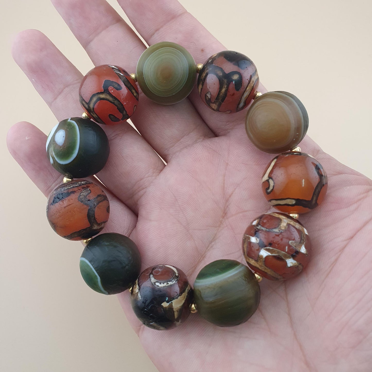 Vintage Etched Carnelian & Nutural Suliemani Agate Big Beads Bracelet