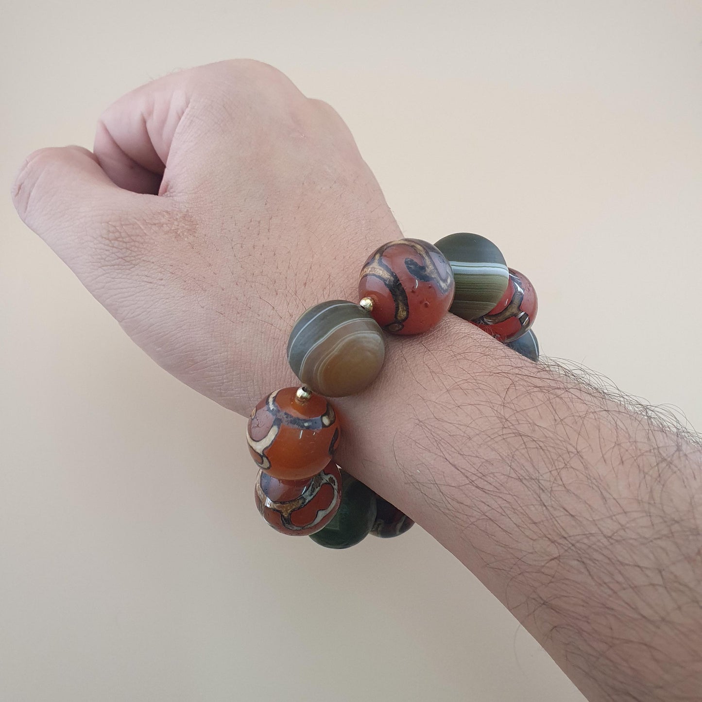 Vintage Etched Carnelian & Nutural Suliemani Agate Big Beads Bracelet