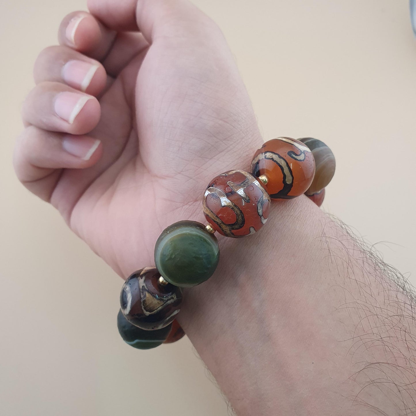 Vintage Etched Carnelian & Nutural Suliemani Agate Big Beads Bracelet