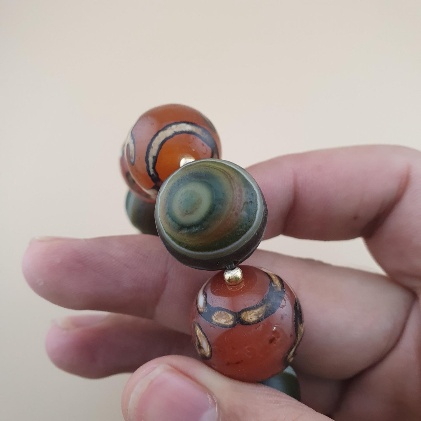 Vintage Etched Carnelian & Nutural Suliemani Agate Big Beads Bracelet
