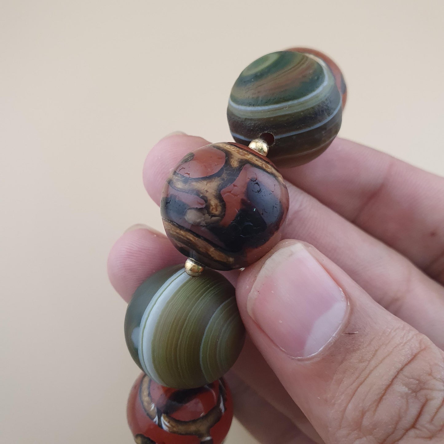 Vintage Etched Carnelian & Nutural Suliemani Agate Big Beads Bracelet