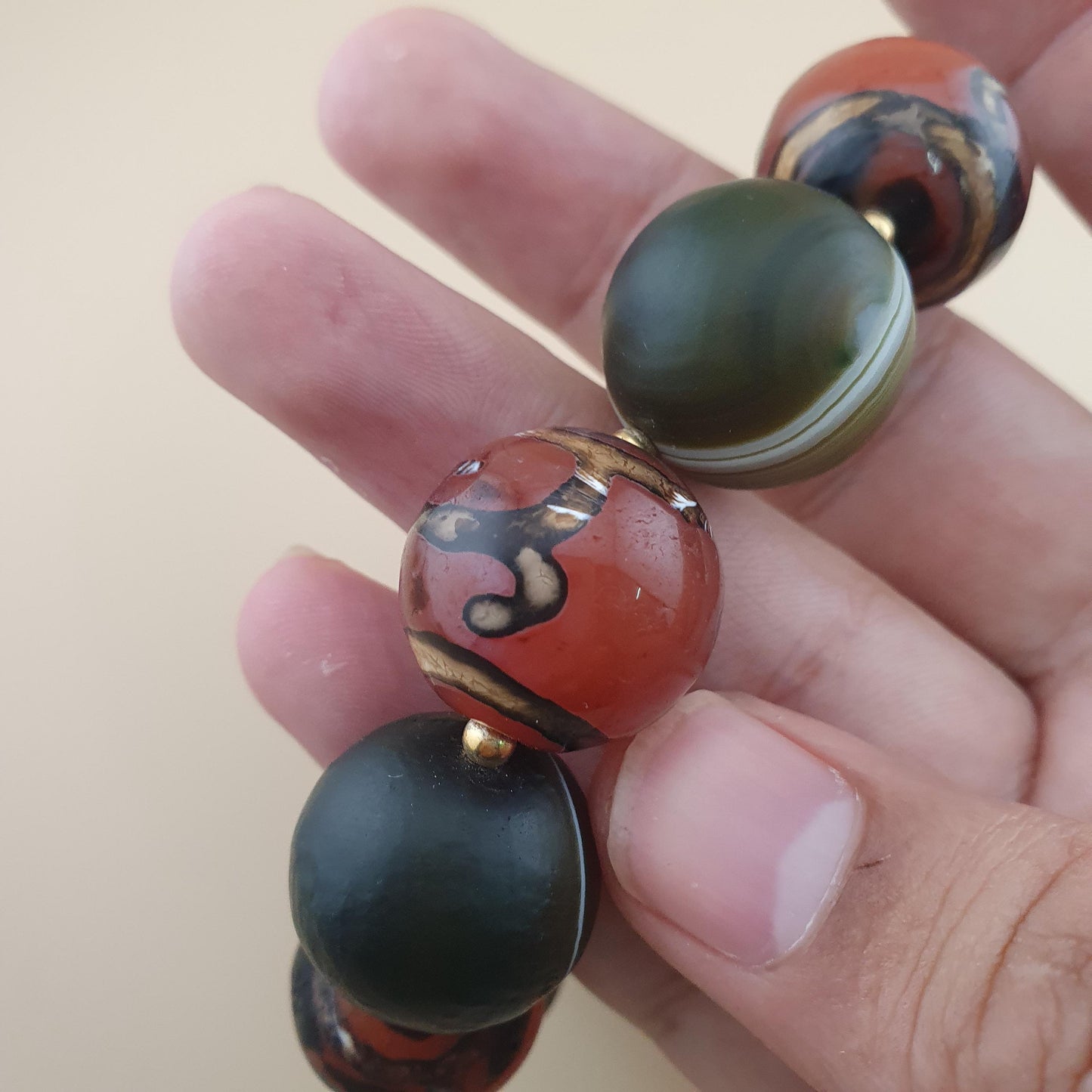 Vintage Etched Carnelian & Nutural Suliemani Agate Big Beads Bracelet