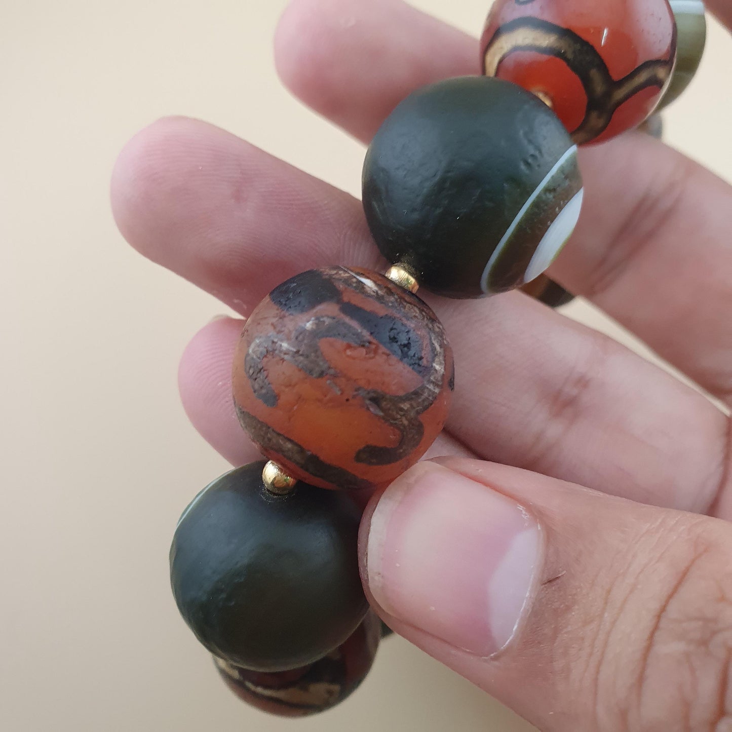 Vintage Etched Carnelian & Nutural Suliemani Agate Big Beads Bracelet