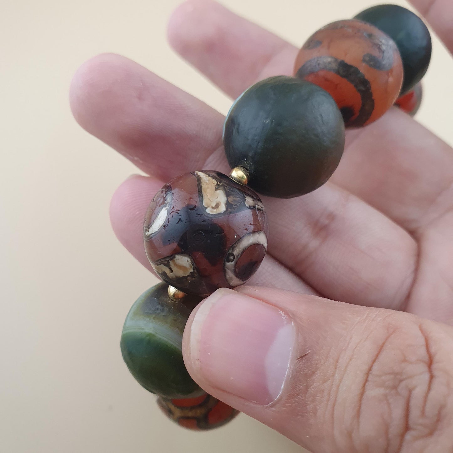 Vintage Etched Carnelian & Nutural Suliemani Agate Big Beads Bracelet
