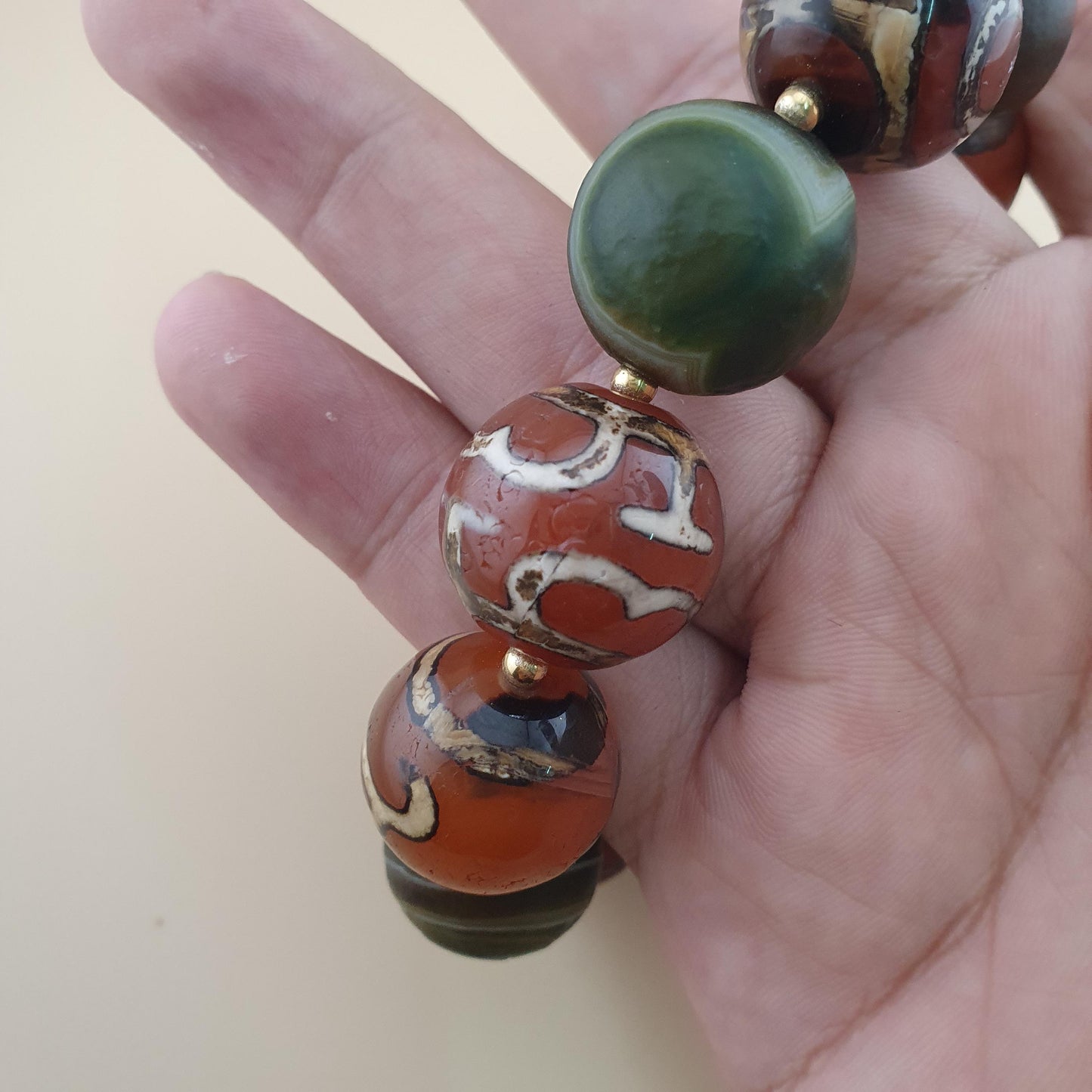 Vintage Etched Carnelian & Nutural Suliemani Agate Big Beads Bracelet