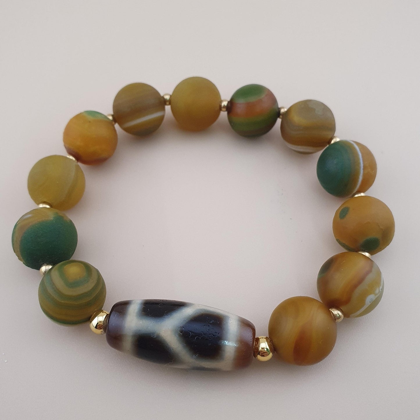 Vintage 2 Eyes Himalayan Tibetan & Unique Pattern Agate Beads Bracelet