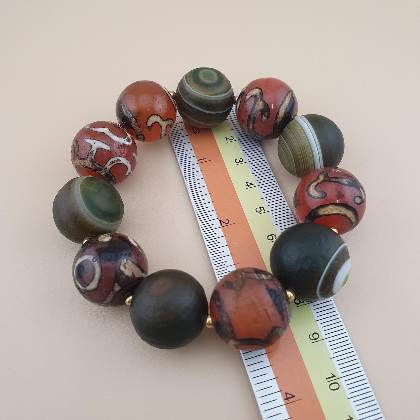 Vintage Etched Carnelian & Nutural Suliemani Agate Big Beads Bracelet