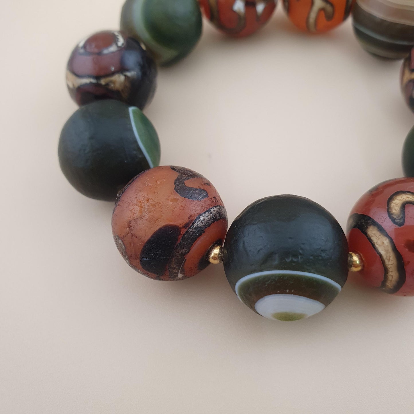 Vintage Etched Carnelian & Nutural Suliemani Agate Big Beads Bracelet
