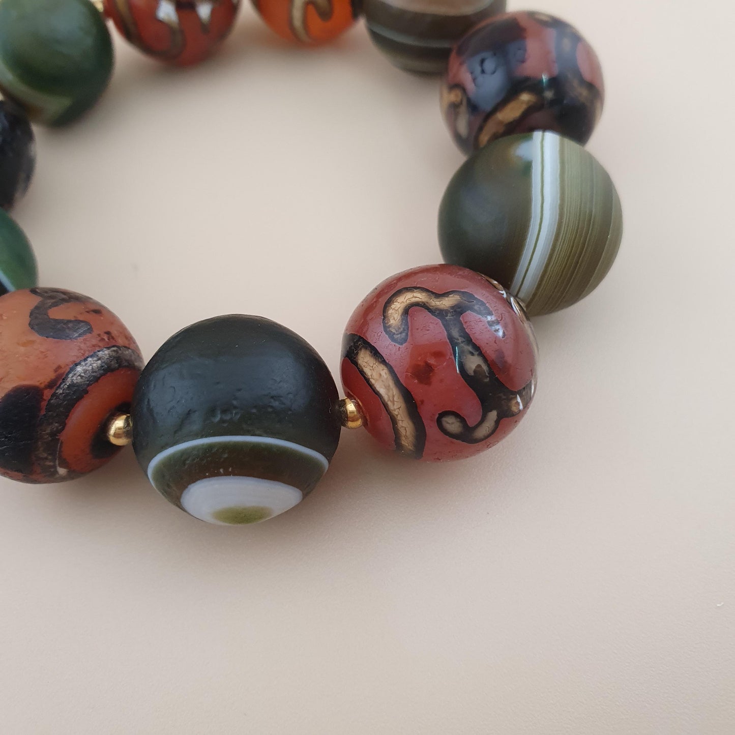 Vintage Etched Carnelian & Nutural Suliemani Agate Big Beads Bracelet