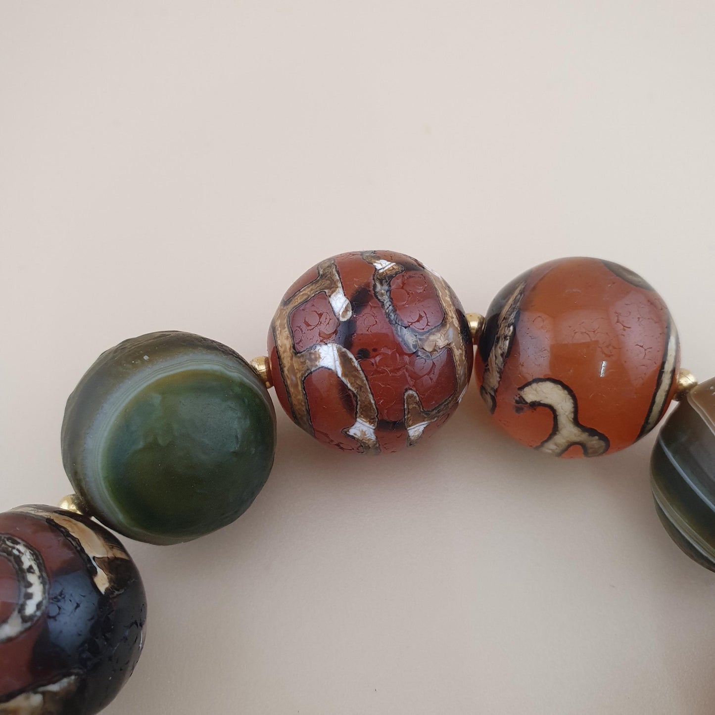 Vintage Etched Carnelian & Nutural Suliemani Agate Big Beads Bracelet