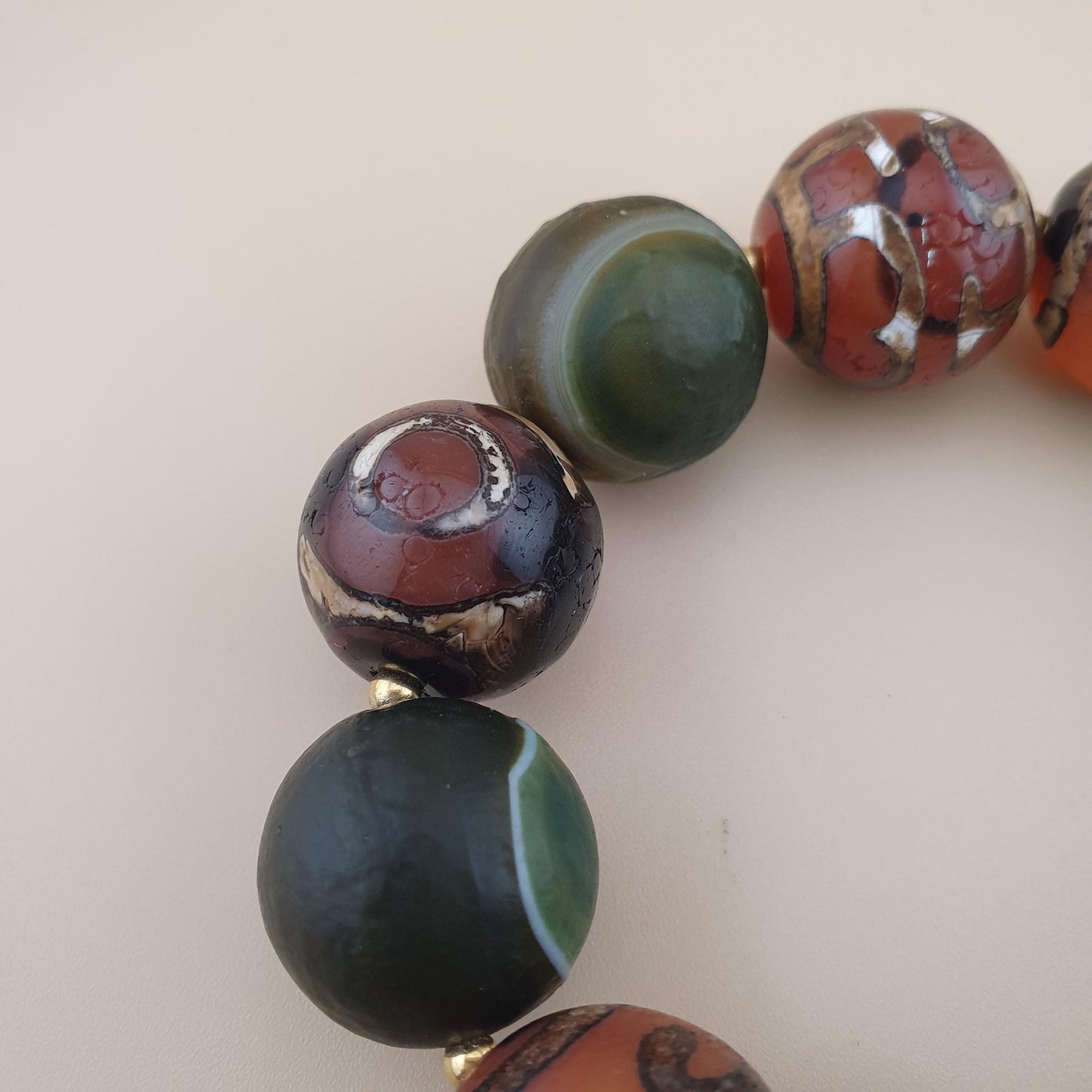 Vintage Etched Carnelian & Nutural Suliemani Agate Big Beads Bracelet