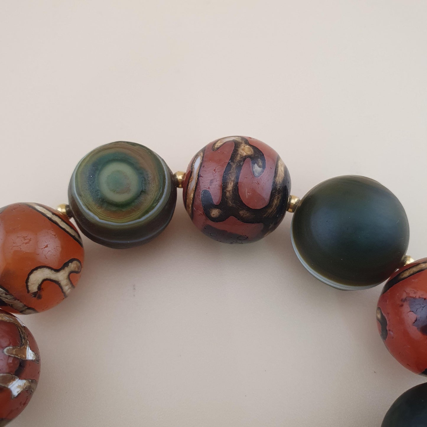 Vintage Etched Carnelian & Nutural Suliemani Agate Big Beads Bracelet
