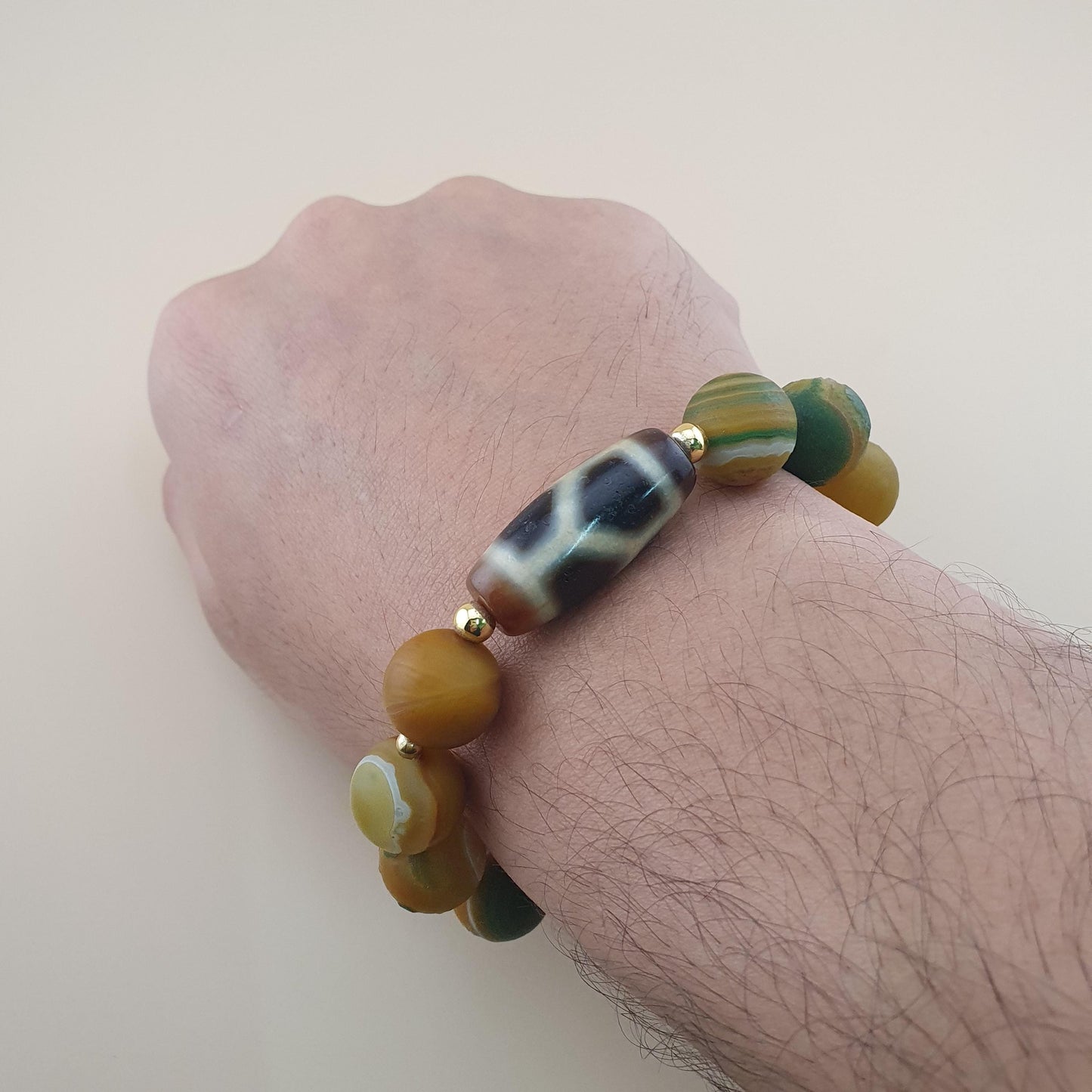 Vintage 2 Eyes Himalayan Tibetan & Unique Pattern Agate Beads Bracelet