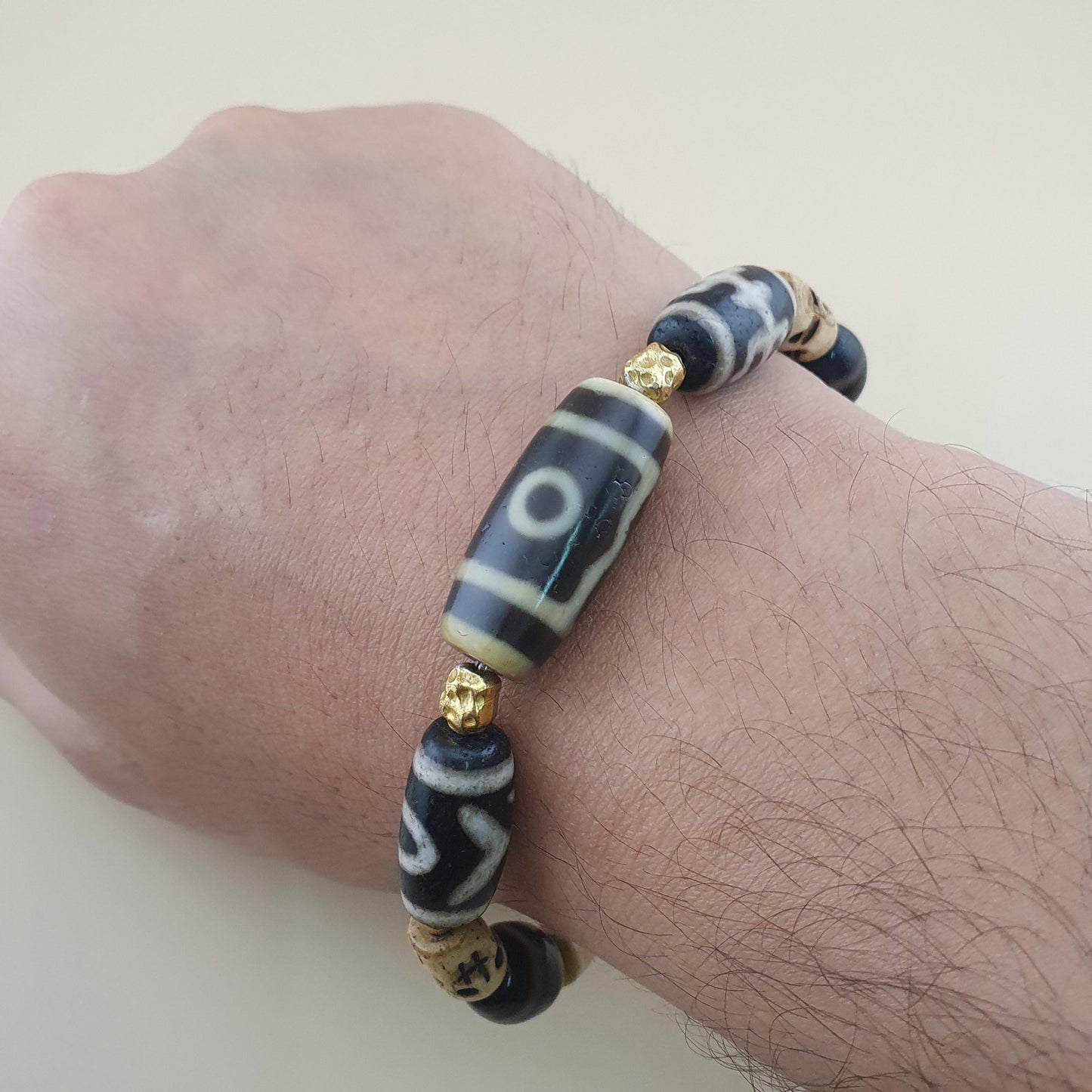 Vintage 2 Eyes Himalayan Tibetan & Unique Pattern Agate Beads Bracelet