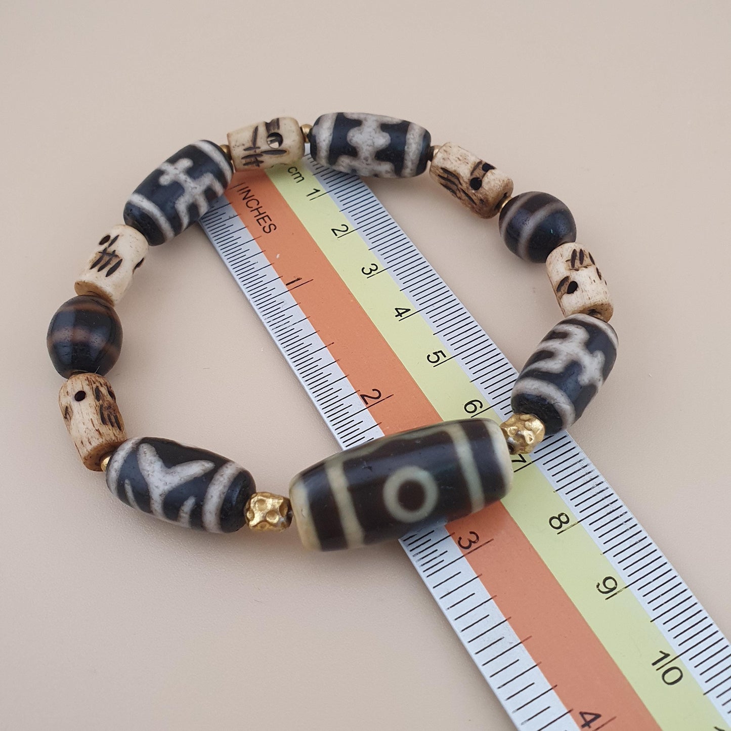 Vintage 2 Eyes Himalayan Tibetan & Unique Pattern Agate Beads Bracelet
