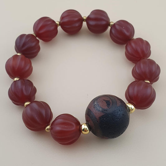 Vintage Melon Shape Carnelian Agate & Etched Carnelian Bracelet