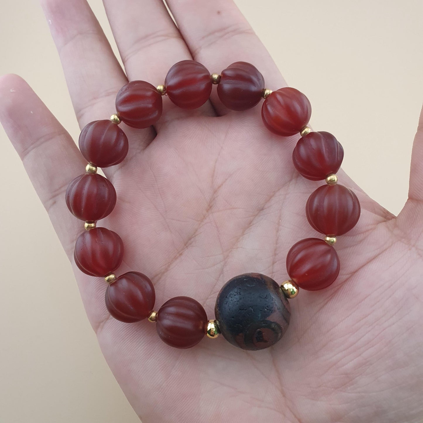 Vintage Melon Shape Carnelian Agate & Etched Carnelian Bracelet