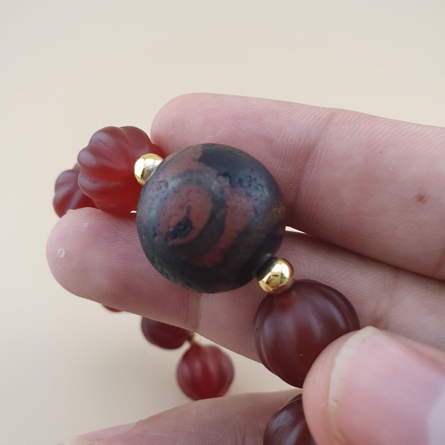 Vintage Melon Shape Carnelian Agate & Etched Carnelian Bracelet