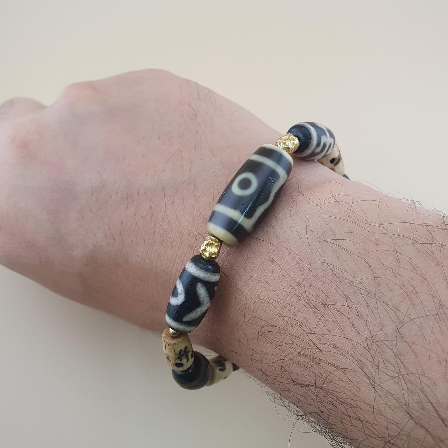 Vintage 2 Eyes Himalayan Tibetan & Unique Pattern Agate Beads Bracelet