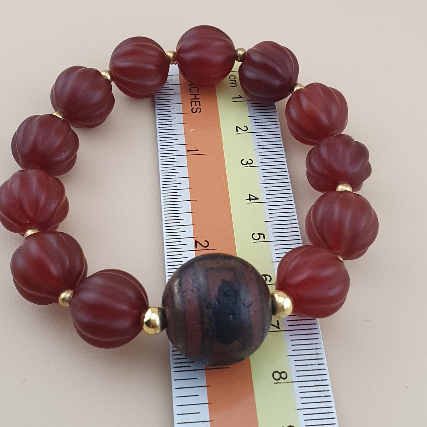 Vintage Melon Shape Carnelian Agate & Etched Carnelian Bracelet