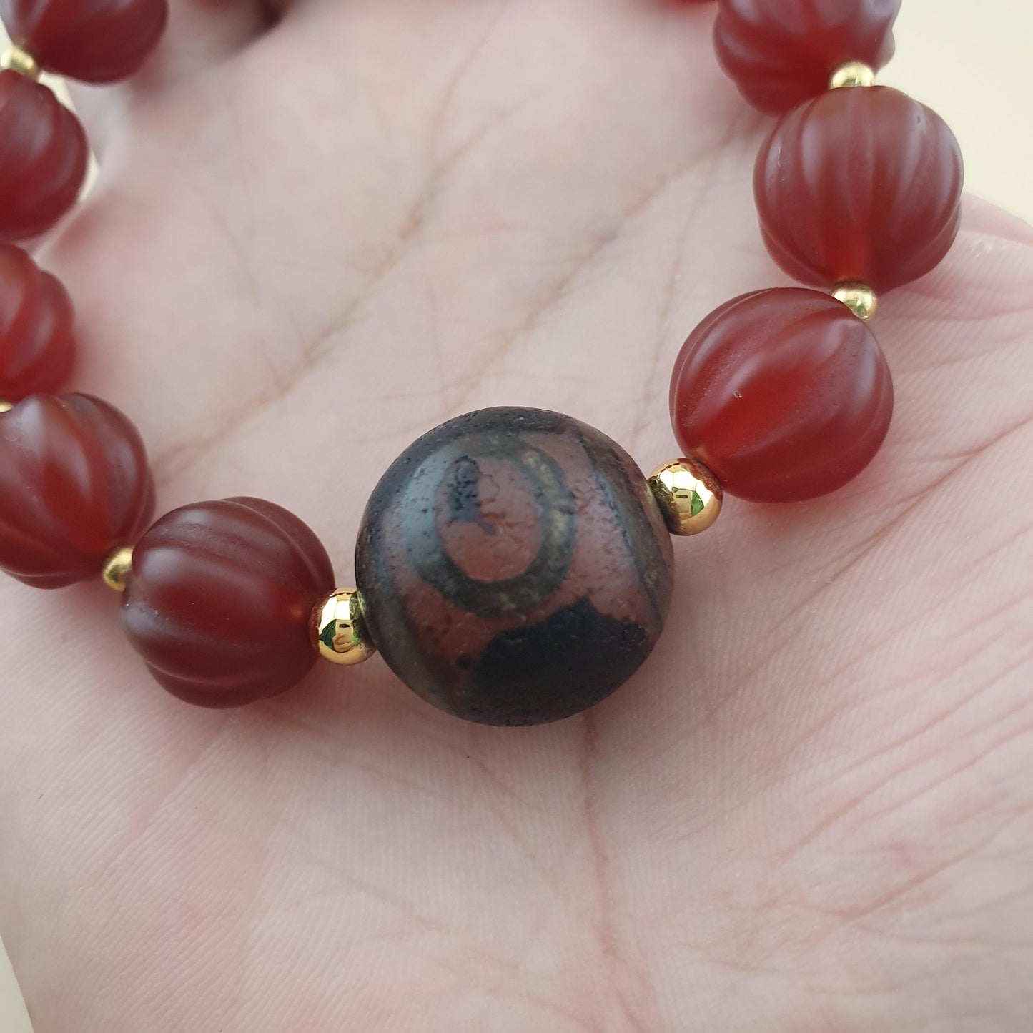 Vintage Melon Shape Carnelian Agate & Etched Carnelian Bracelet