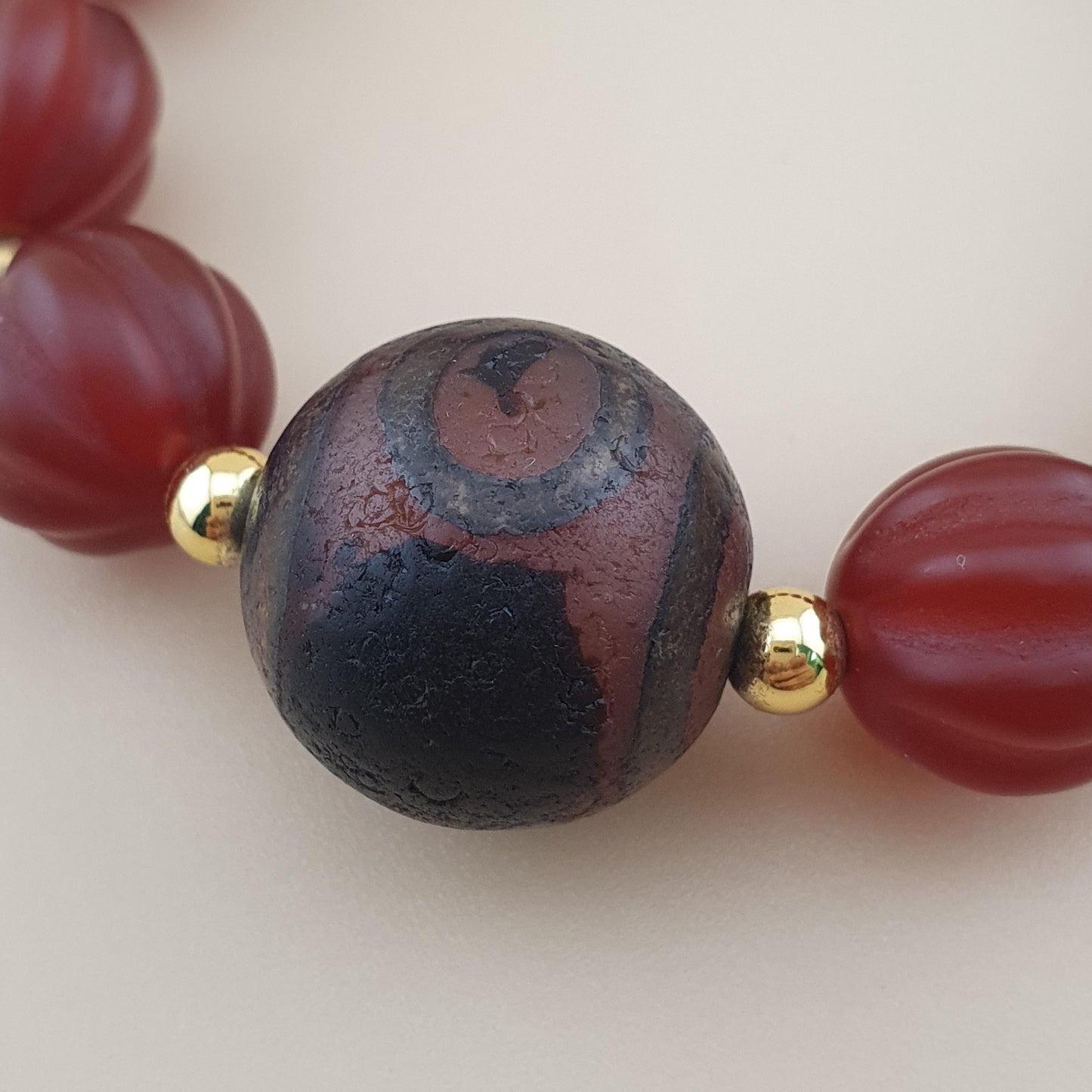 Vintage Melon Shape Carnelian Agate & Etched Carnelian Bracelet