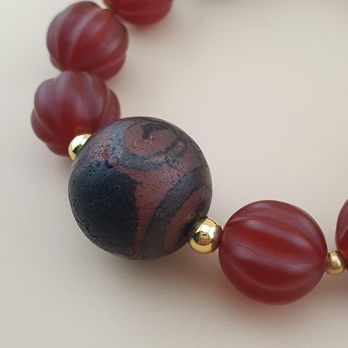 Vintage Melon Shape Carnelian Agate & Etched Carnelian Bracelet