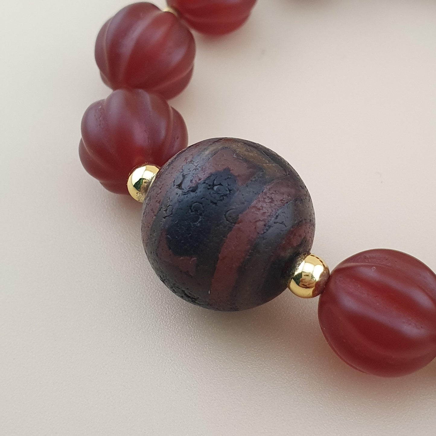 Vintage Melon Shape Carnelian Agate & Etched Carnelian Bracelet