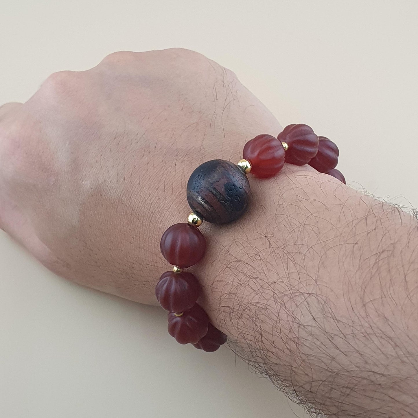 Vintage Melon Shape Carnelian Agate & Etched Carnelian Bracelet