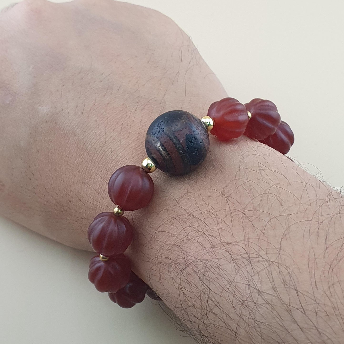 Vintage Melon Shape Carnelian Agate & Etched Carnelian Bracelet