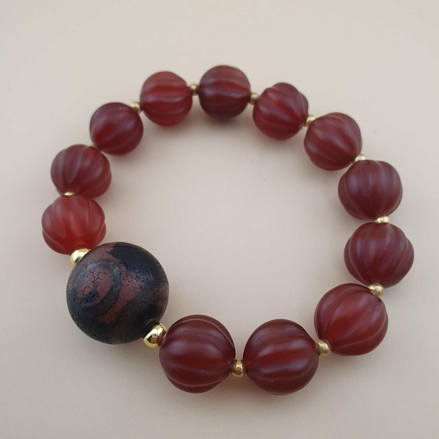 Vintage Melon Shape Carnelian Agate & Etched Carnelian Bracelet