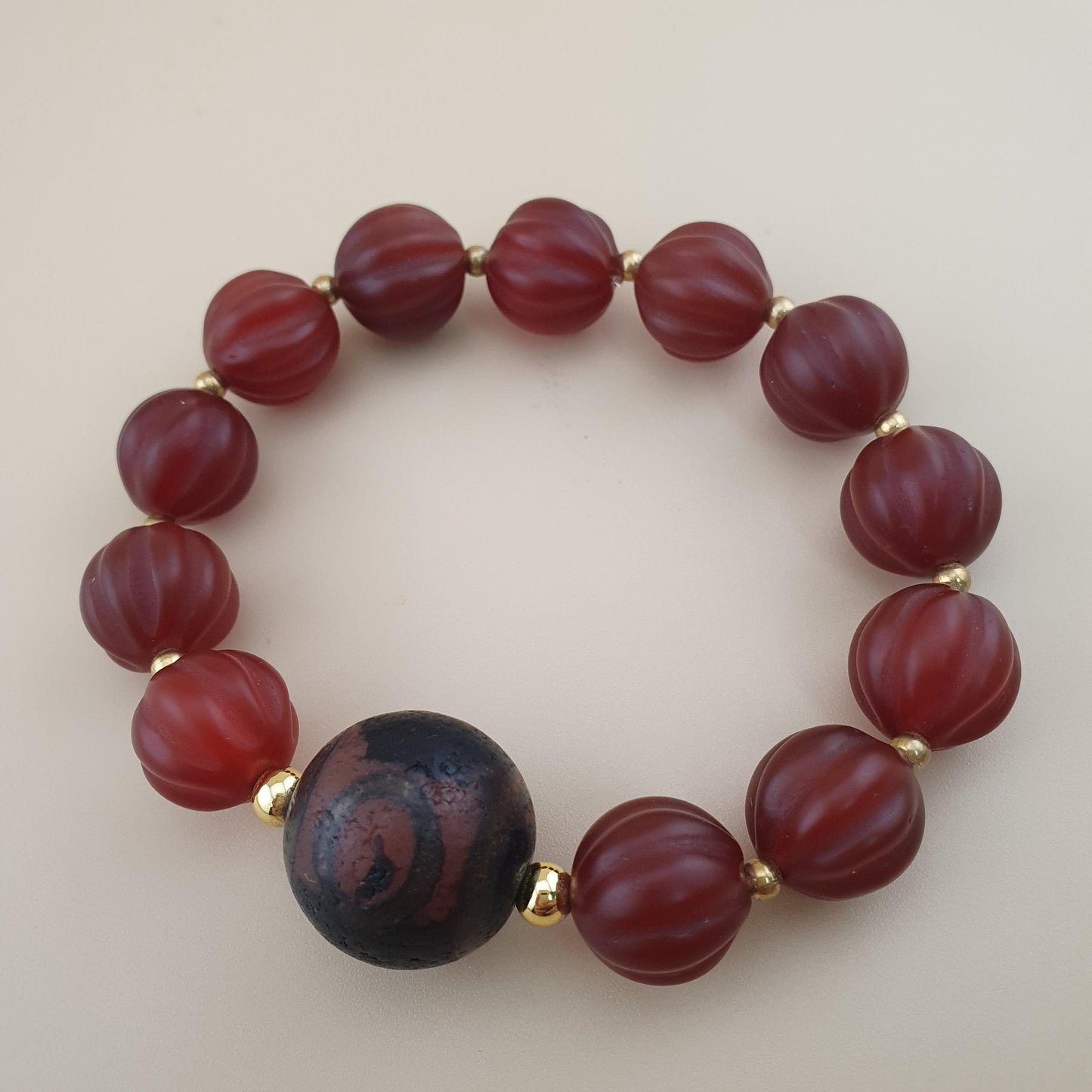 Vintage Melon Shape Carnelian Agate & Etched Carnelian Bracelet