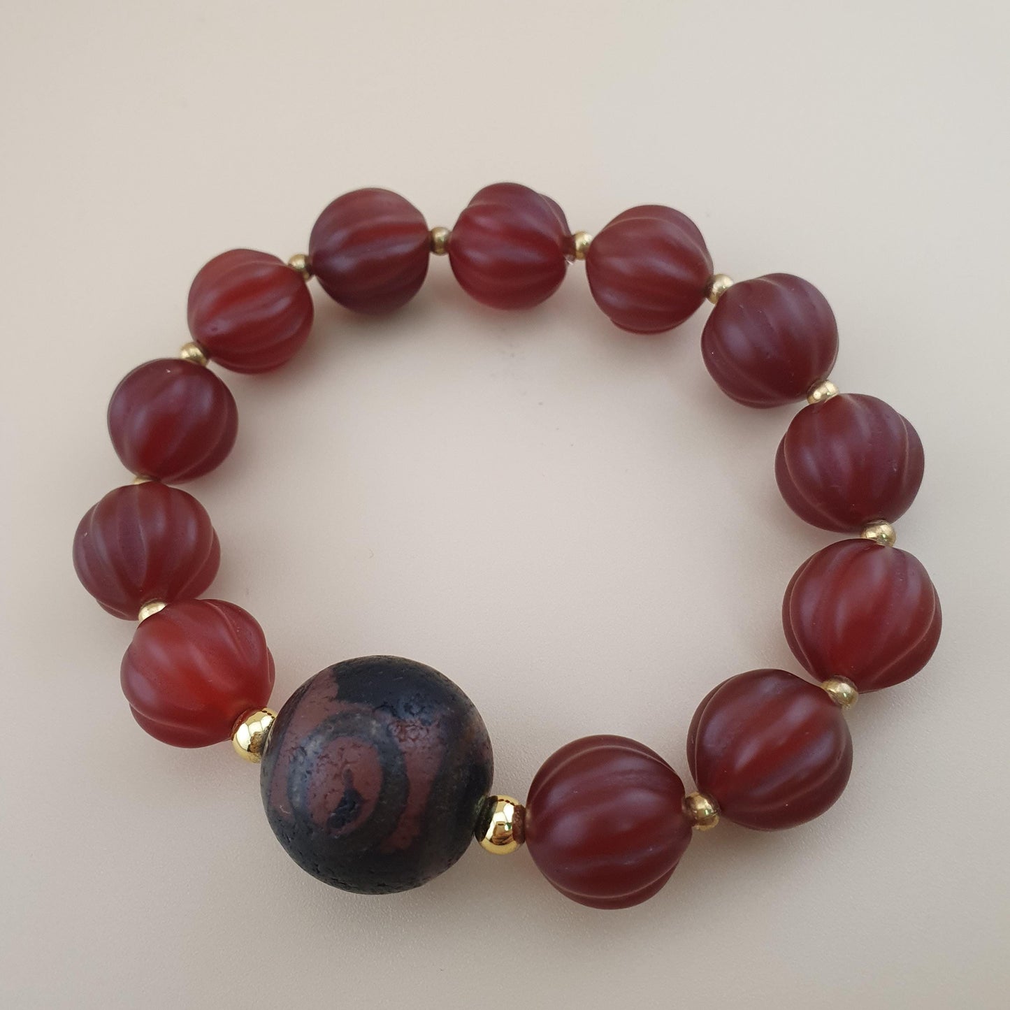 Vintage Melon Shape Carnelian Agate & Etched Carnelian Bracelet