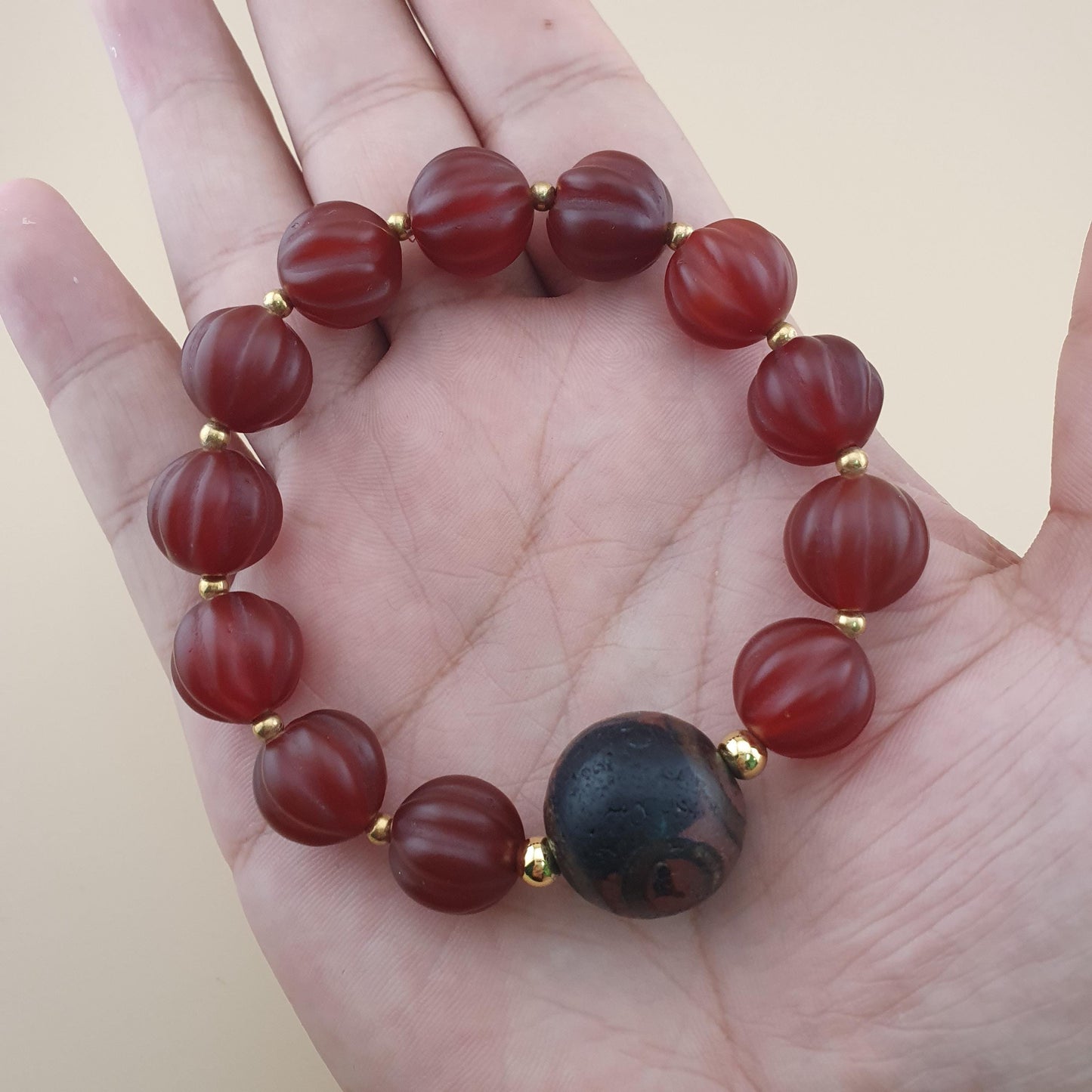 Vintage Melon Shape Carnelian Agate & Etched Carnelian Bracelet